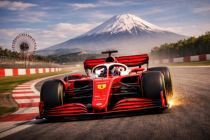 Ferrari F1 na torze Suzuka podczas Grand Prix Japonii 2026 z górą Fuji w tle