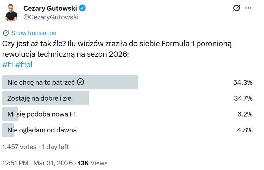 Formuła 1 2026: czy to jeszcze sport? Kryzys nowych przepisów F1 3 Formuła 1 przepisy i ankieta badająca poziom satysfakcji nową F1